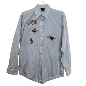 Las Olas Button Down Shirt Womens Large Blue White Pinstripe Western Embroidered